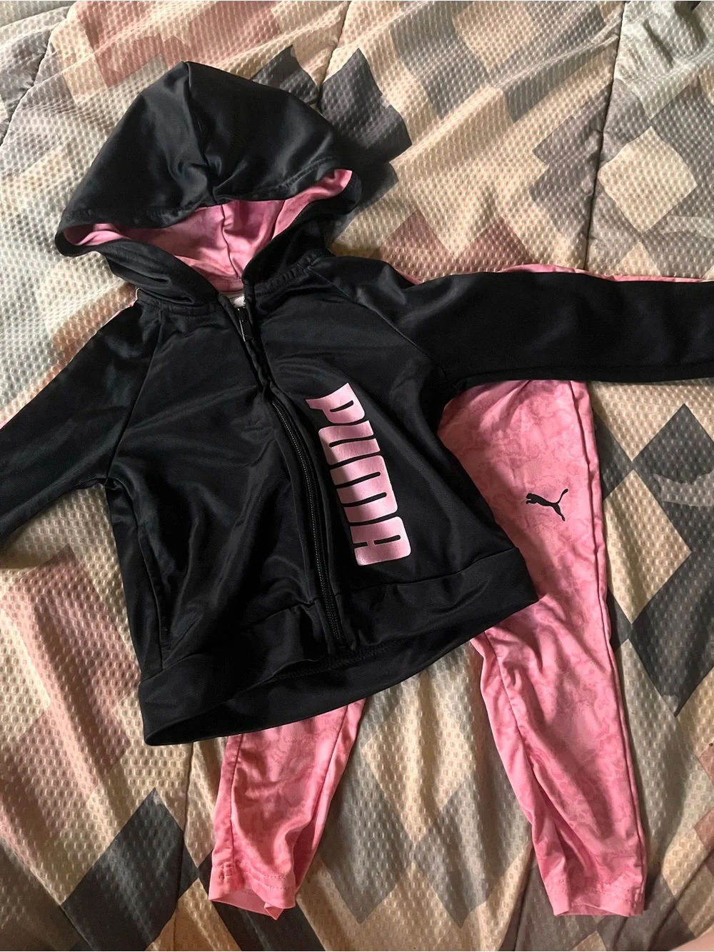 Puma Black Hoodie with Pink Lining and Pink Leggings